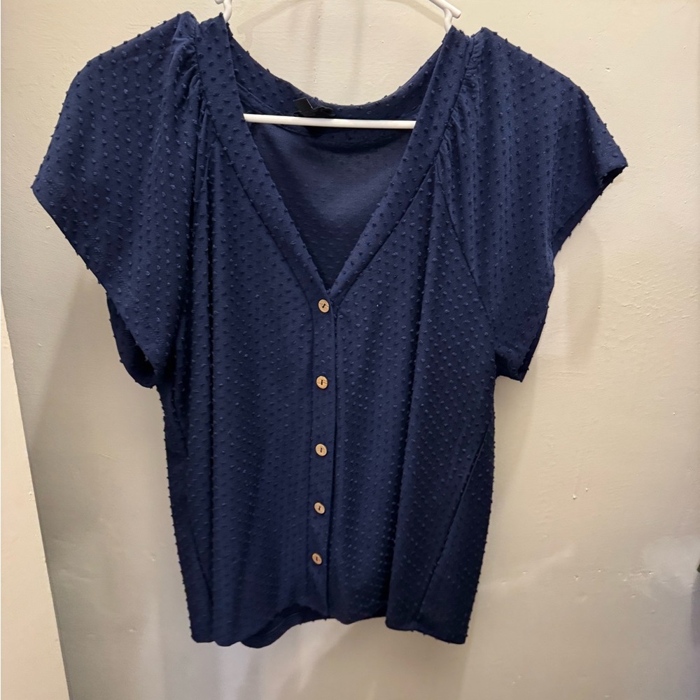 W5 Navy Textured V-Neck Blouse